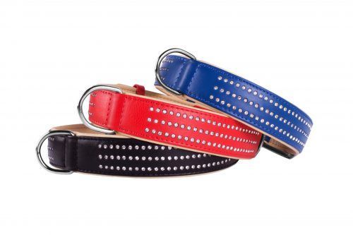 Leather Dog Collar with Crystals- colors black blue red collar