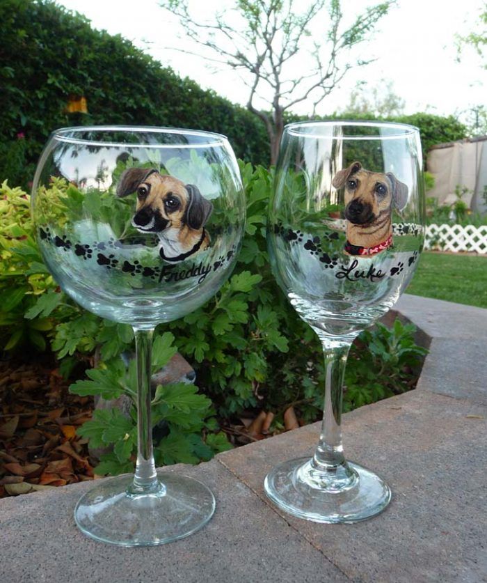 hand painted dog on wine glasses
