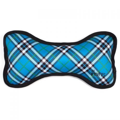 blue plaid bone dog toy with squeakers by worthy dog