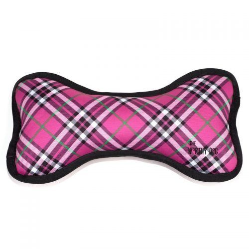 hot pink plaid bone dog toy with squeakers by worthy dog
