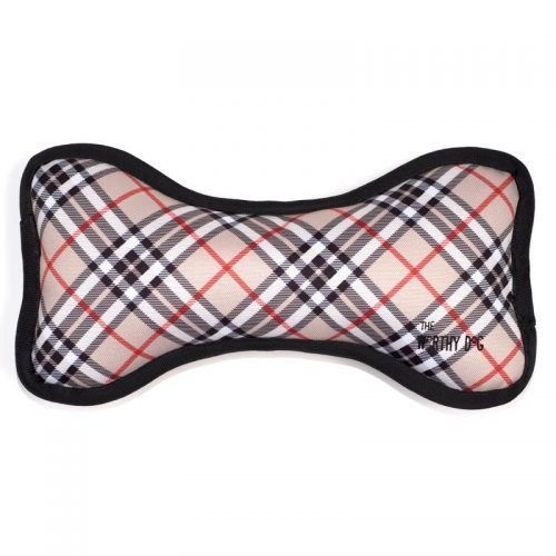 tan plaid bone dog toy with squeakers by worthy dog