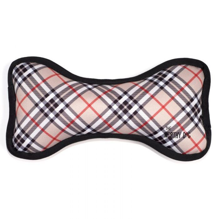 tan plaid bone dog toy with squeakers by worthy dog