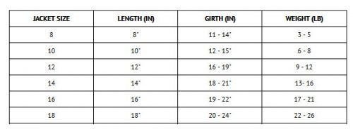 Size chart for Worthy Dog Softshell Tan Plaid Jacket